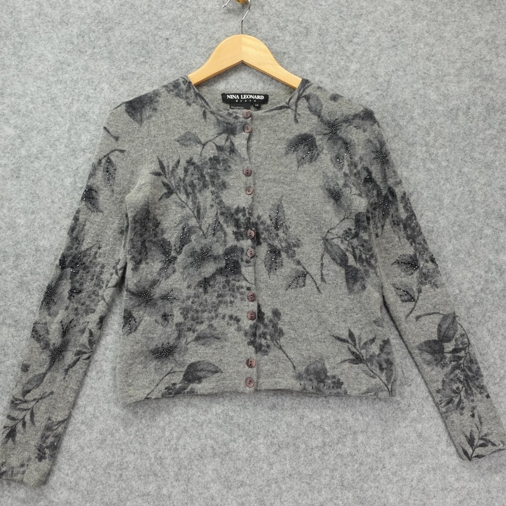 Vintage Nina Leonard Lambswool Angora Cardigan XS Gray Floral Beaded Cottagecore